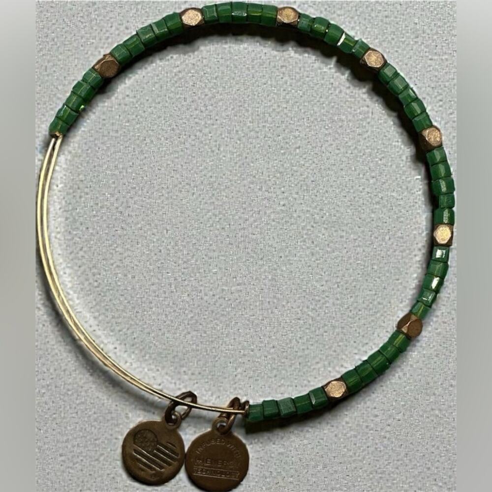Alex and Ani Odyssey Gold tone & Green Square Bead Bracelet